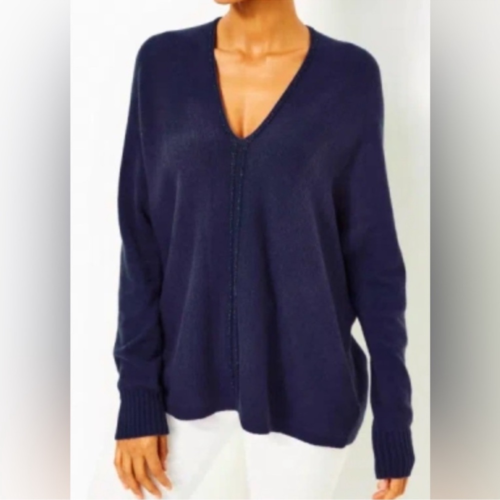 NWOT Lilly Pulitzer Sevie Navy V-Neck Sweater Sz L Low Tide Navy Dolman Sleeve